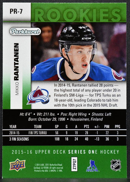 2015-16 UD Series 1 Parkhurst Rookies Mikko Rantanen PR-7 Colorado Avalanche RC 4879