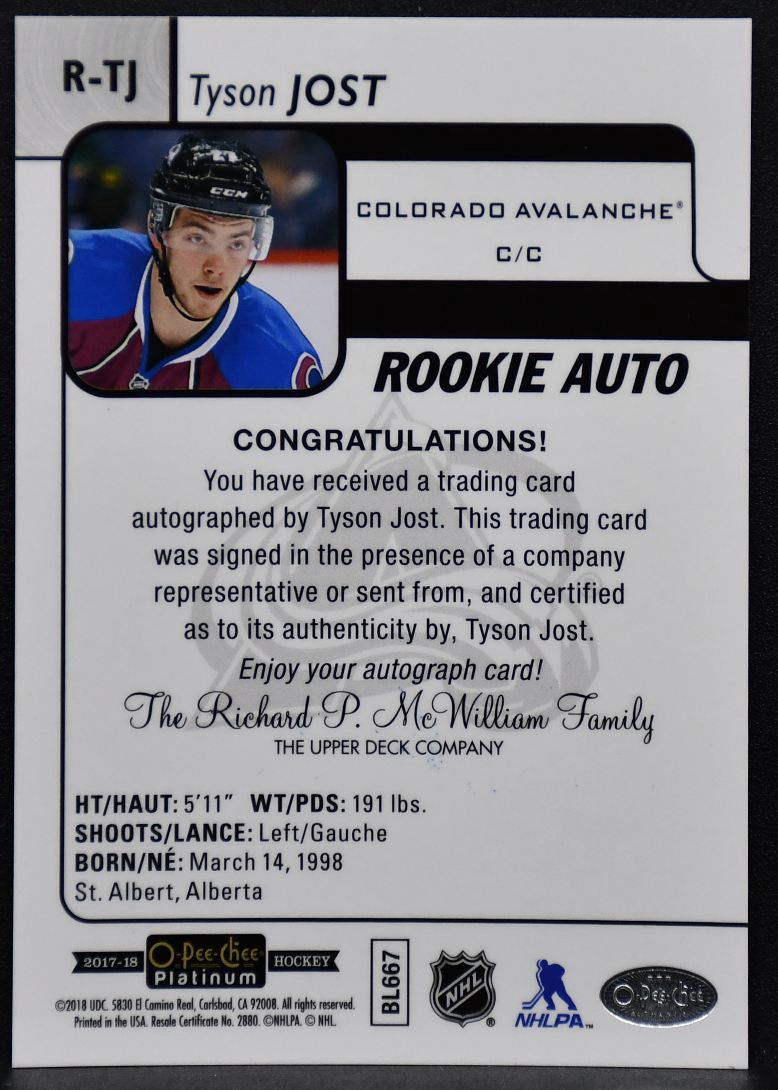 2017-18 O-Pee-Chee Platinum Rookie Autographs Tyson Jost R-TJ RC Auto 3429