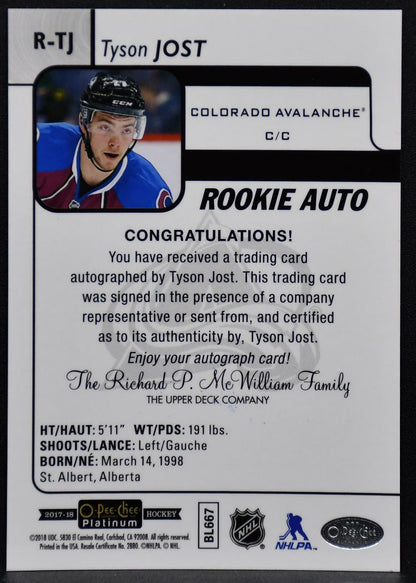 2017-18 O-Pee-Chee Platinum Rookie Autographs Tyson Jost R-TJ RC Auto 3429