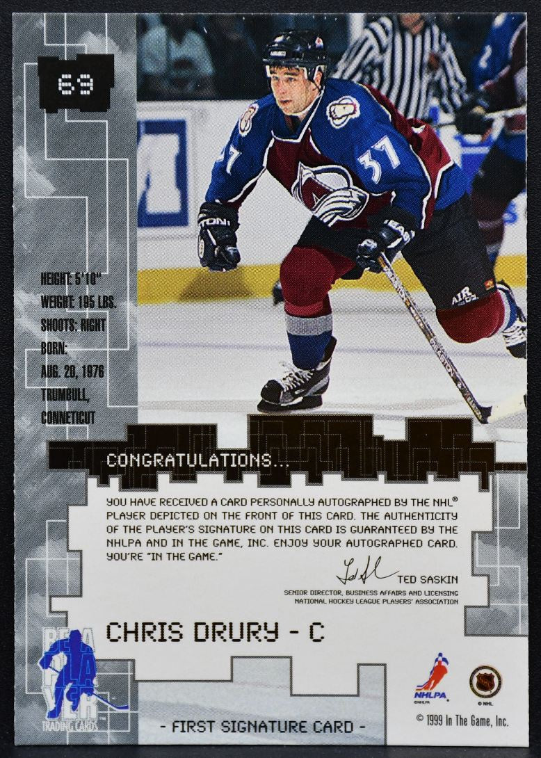1999-100 Be A Player Millenium Series Auto Chris Drury 37 Avalanche Auto 8973