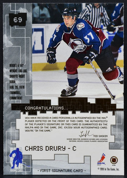 1999-100 Be A Player Millenium Series Auto Chris Drury 37 Avalanche Auto 8973