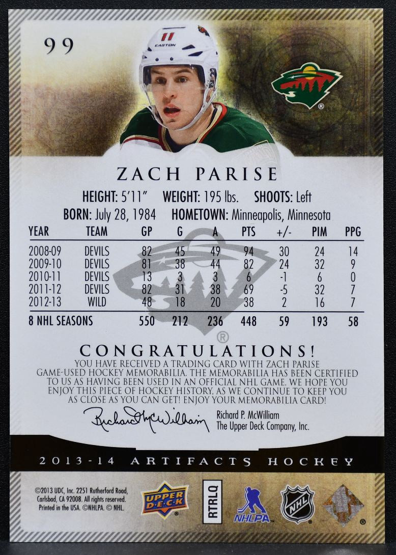 2013-14 Upper Deck Artifacts Silver Materials Zach Parise 011/125 Jersey 7929