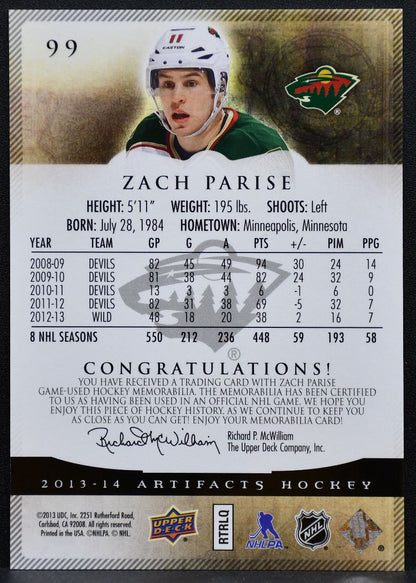 2013-14 Upper Deck Artifacts Silver Materials Zach Parise 011/125 Jersey 7929