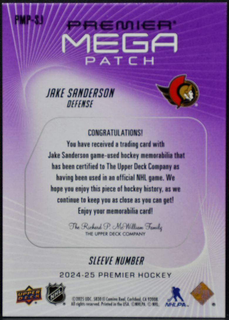 2024-25 UD Premier Mega Patch Jake Sanderson Ottawa Senators /8 Patch 5485