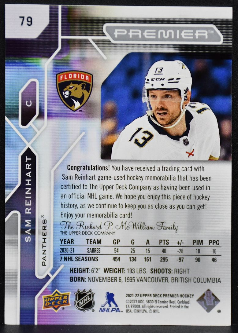 2021-22 Upper Deck Premier Jersey Sam Reinhart 79 Florida Panthers Jersey 4190