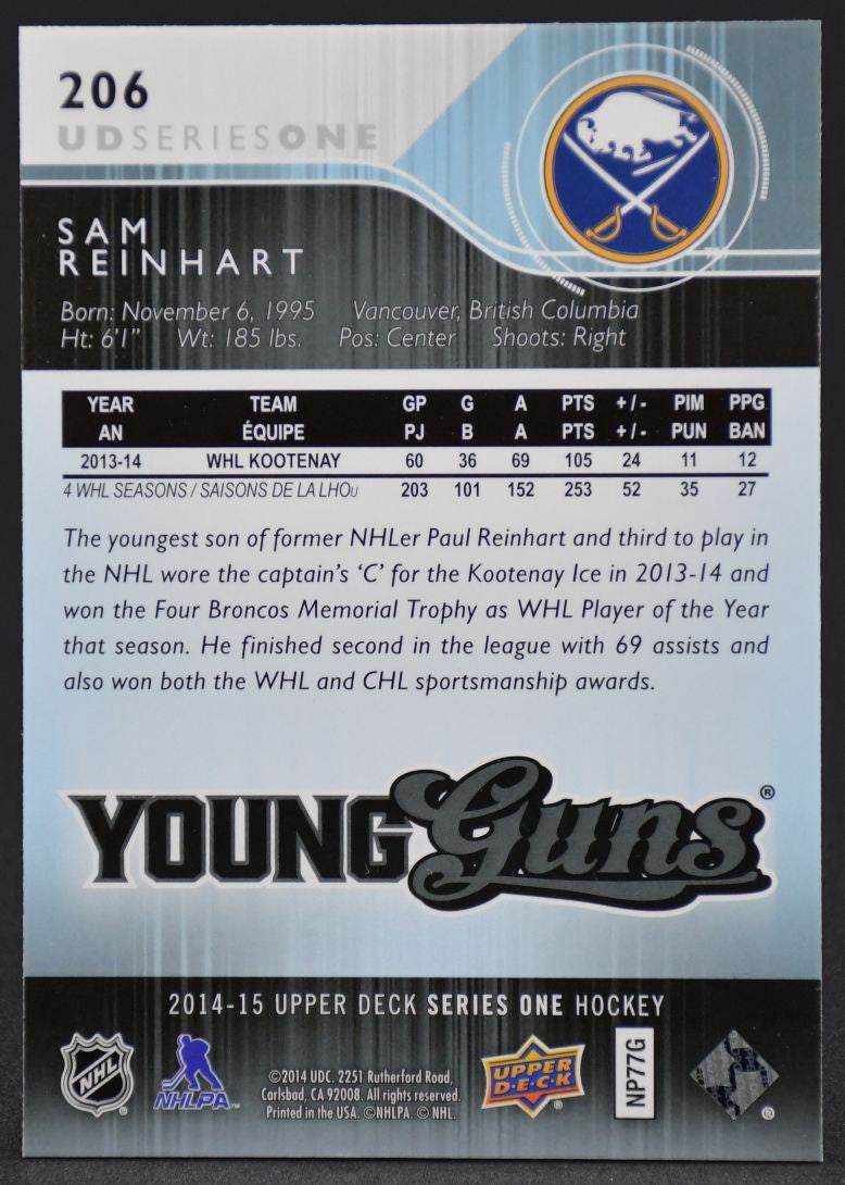 2014-15 UD Series 1 Young Guns Sam Reinhart 206 RC