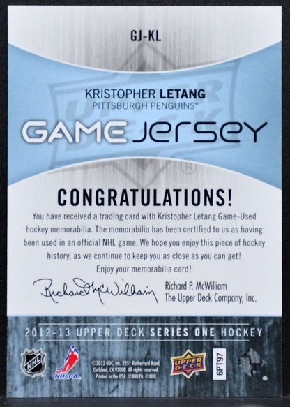 2012-13 Upper Deck Series 1 Game Jerseys Kristopher Letang Penguins Jersey 7911
