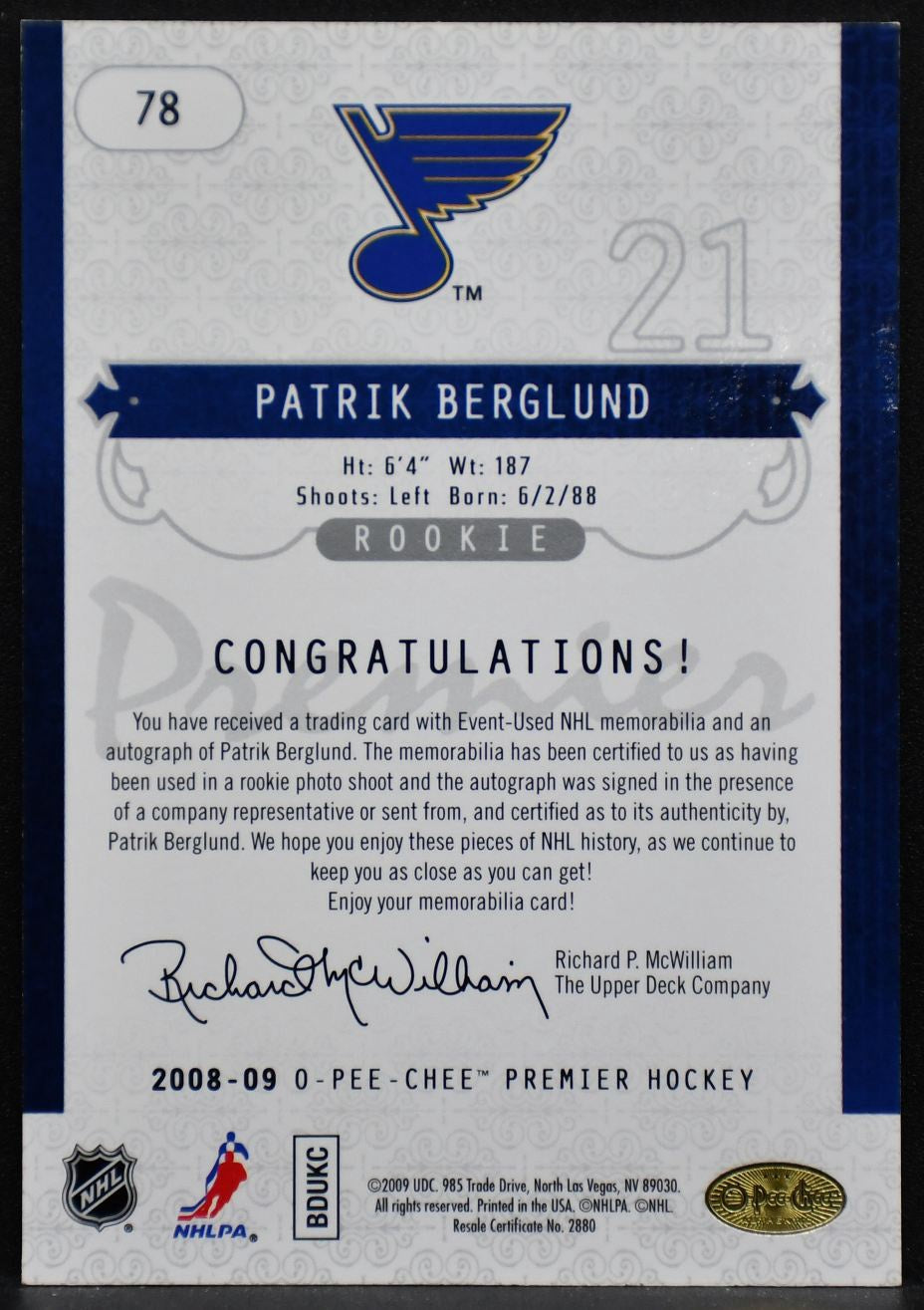 2008-09 O-Pee-Chee Premier Rookie Jersey Berglund 78 RC Auto /299