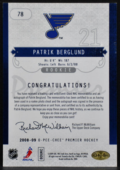 2008-09 O-Pee-Chee Premier Rookie Jersey Berglund 78 RC Auto /299