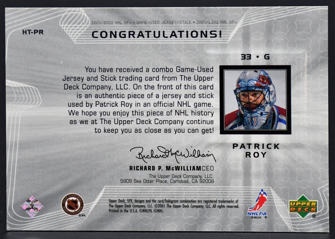 2001-02 SPX Hockey Treasures Patrick Roy Colorado Avalanche Jersey / Stick