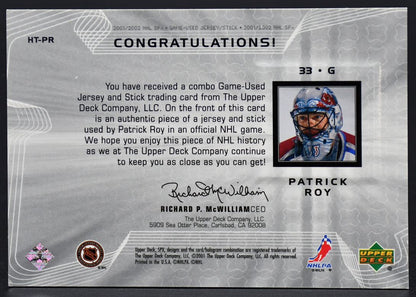 2001-02 SPX Hockey Treasures Patrick Roy Colorado Avalanche Jersey / Stick