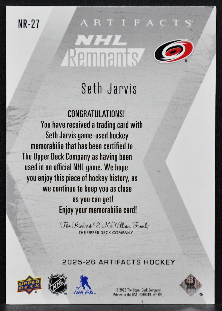 2025-26 UD Artifacts Seth Jarvis NR-27 Carolina Hurricanes Jersey