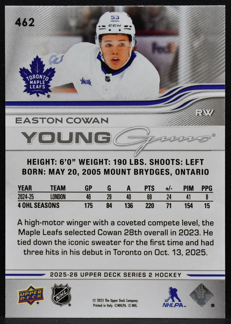 2025-26 Upper Deck Series 2 Young Guns Easton Cowan 462 Maple Leafs RC 5309