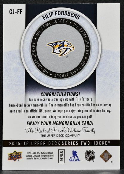 2015-16 UD Series 2 UD Game Jerseys Filip Forsberg GJ-FF Predators Jersey 5581
