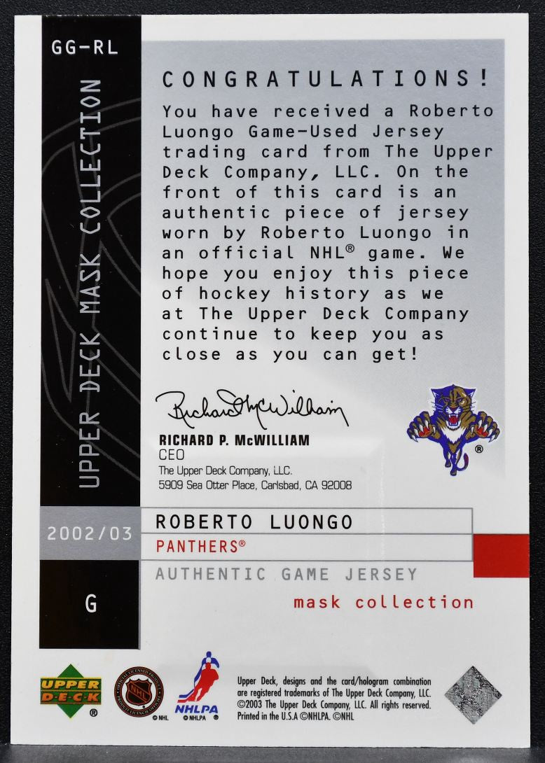 2002-03 UD Mask Collection Great Gloves Roberto Luongo Panthers Jersey 5104