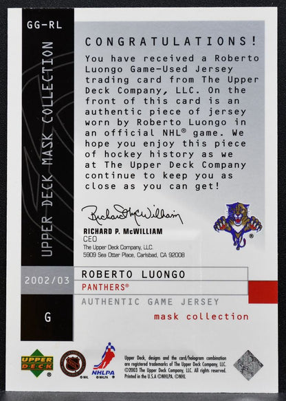 2002-03 UD Mask Collection Great Gloves Roberto Luongo Panthers Jersey 5104
