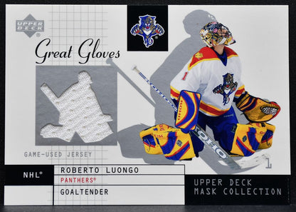 2002-03 UD Mask Collection Great Gloves Roberto Luongo Panthers Jersey 5104