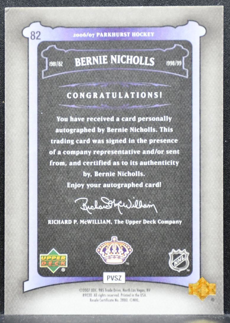 2006-07 Parkhurst Autographs Bernie Nicholls 82 Los Angeles Kings Auto 6501