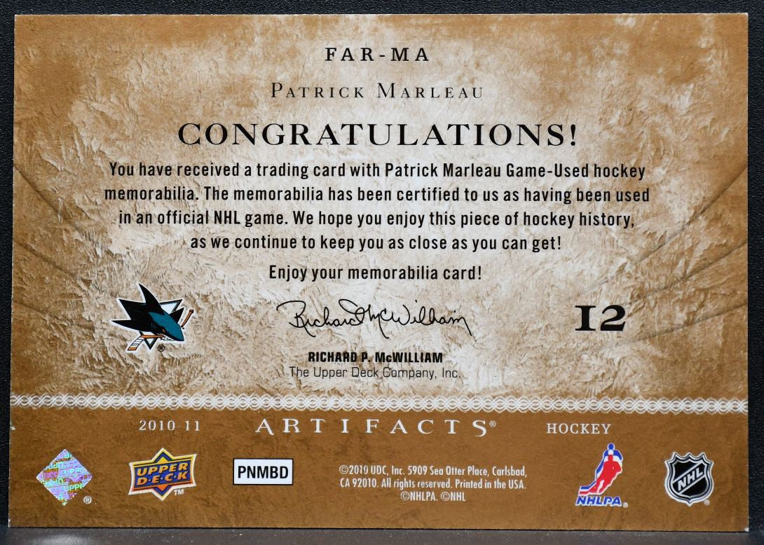 2010-11 UD Artifacts Frozen Retail Patrick Marleau FAR-MA Sharks Jersey 1649