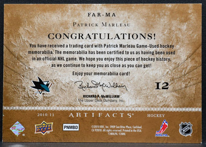 2010-11 UD Artifacts Frozen Retail Patrick Marleau FAR-MA Sharks Jersey 1649