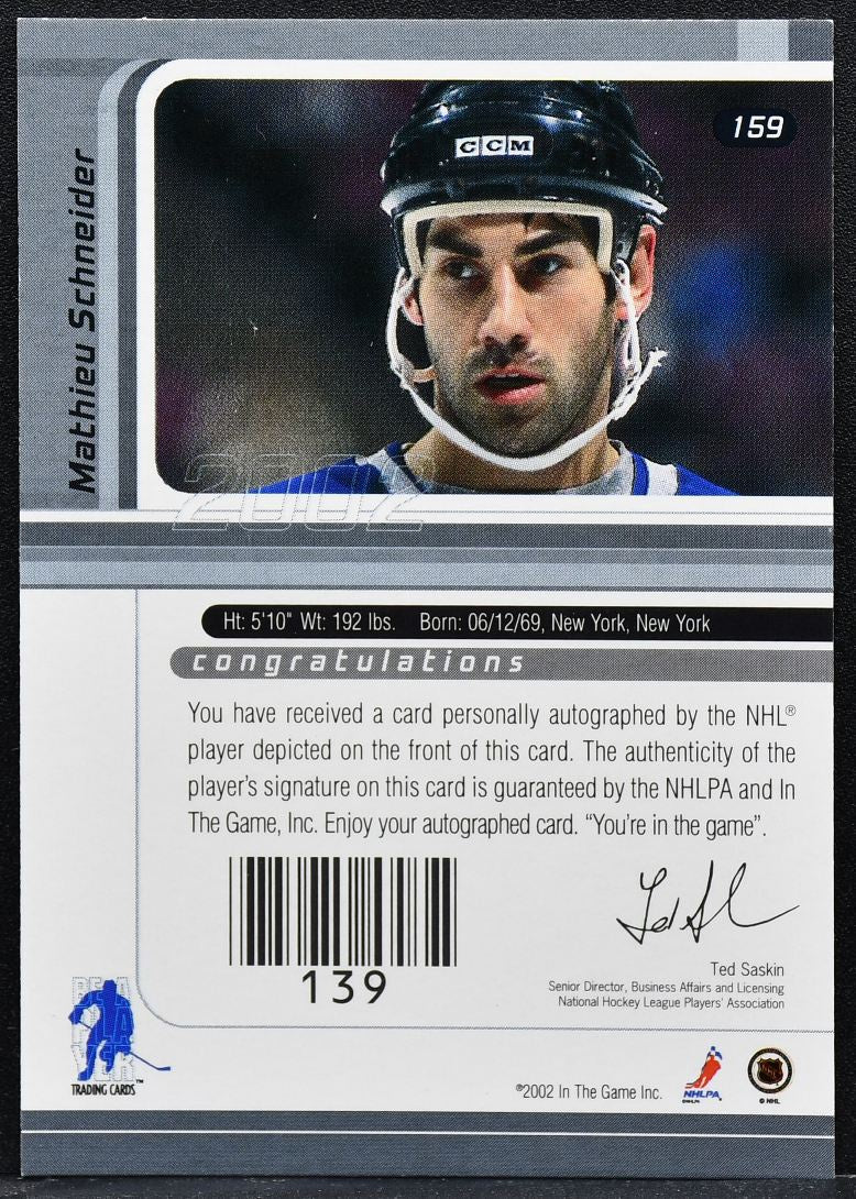 2001-02 Be a Player Signature Series Autograph Mathieu Schneider 159 Auto 0749