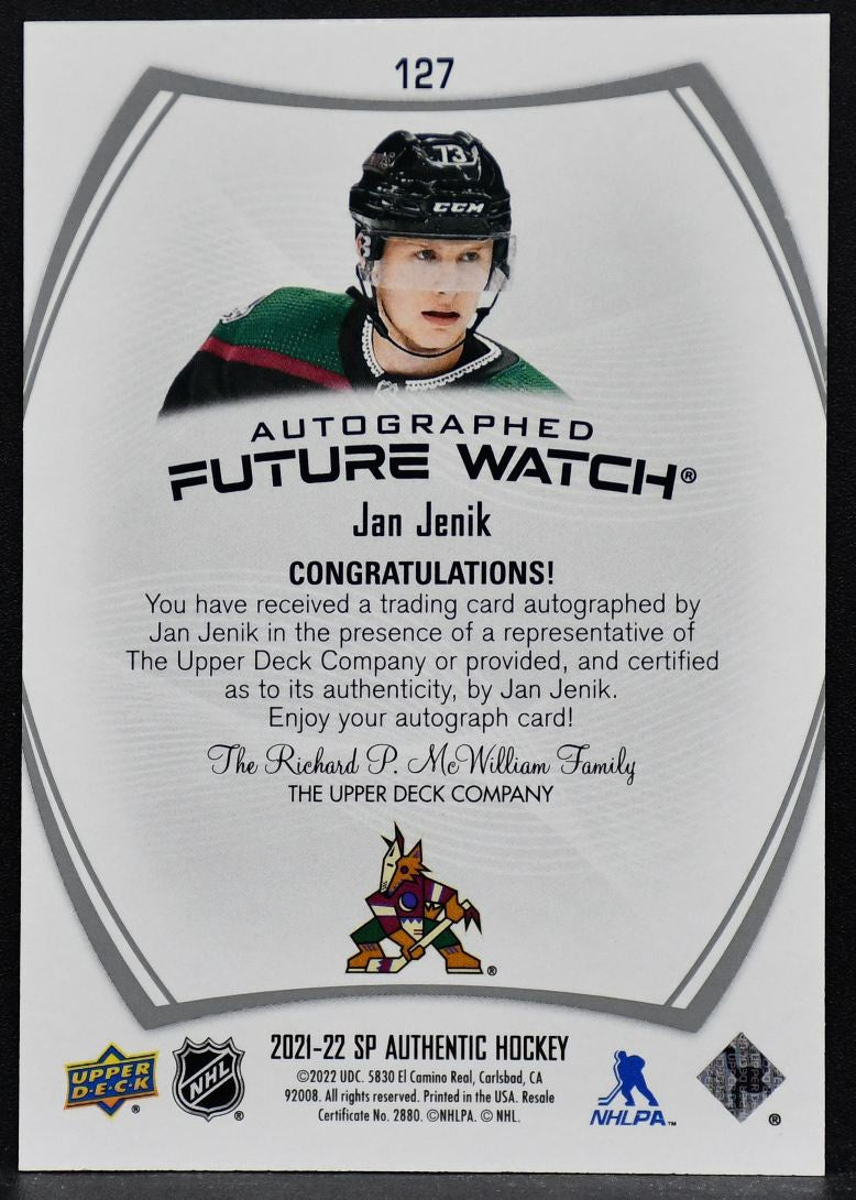 2021-22 SP Authentic Future Watch Autographed Jan Jenik 127 RC Auto 538/999