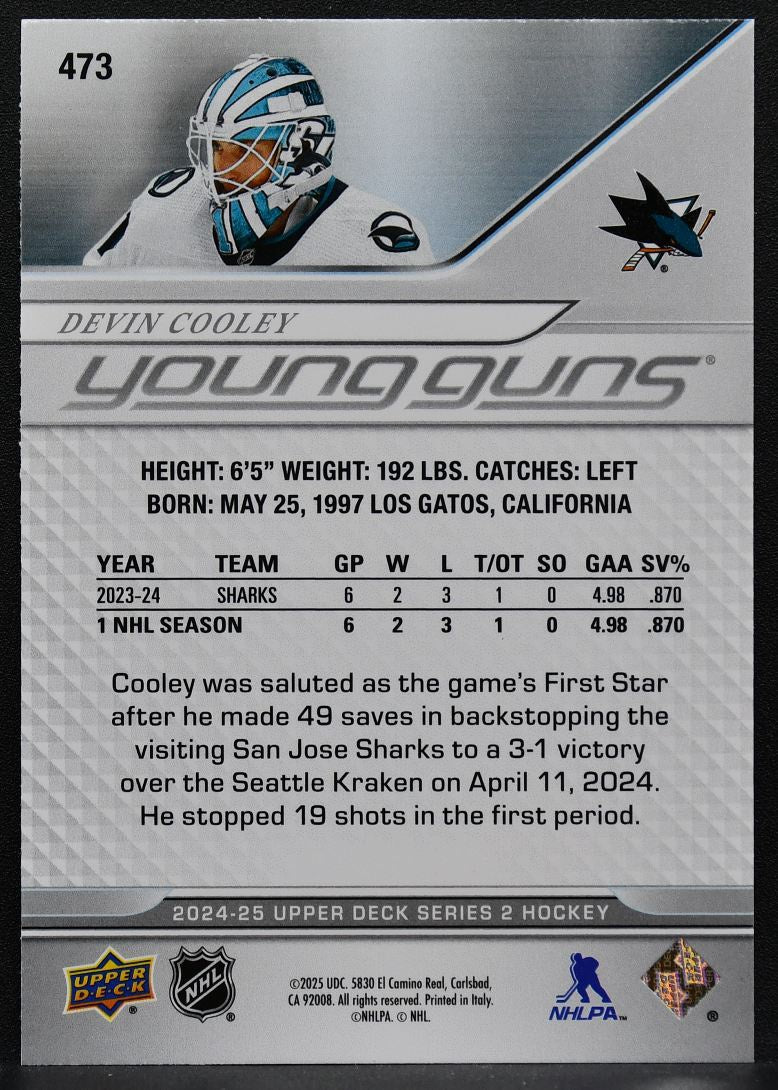2024-25 Upper Deck Series 2 Young Guns Devin Cooley 473 San Jose Sharks RC 8359