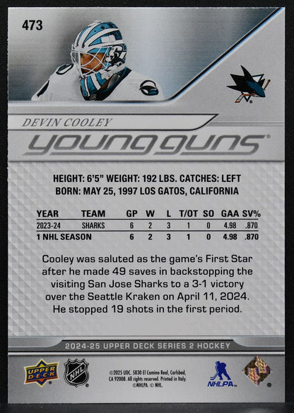 2024-25 Upper Deck Series 2 Young Guns Devin Cooley 473 San Jose Sharks RC 8359