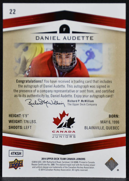 2014-15 UD Team Canada Juniors Auto Gold Daniel Audette 22 Canada Auto 6337
