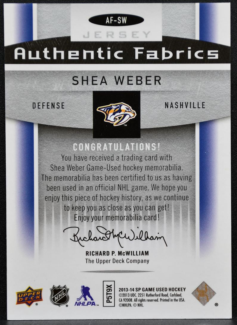 2013-14 SP Game Used Authentic Fabrics Shea Weber AF-SW Jersey 0420