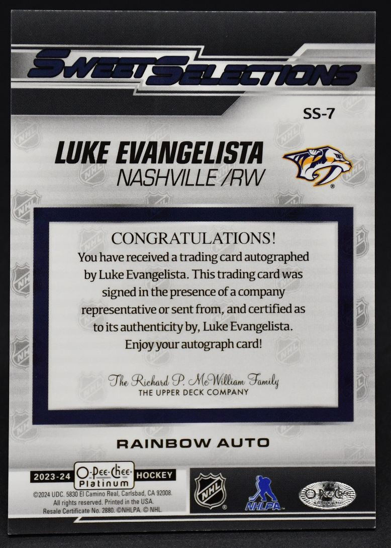 2024-25 OPC Platinum Sweet Selections Rainbow Auto Luke Evangelista SS-7 Auto