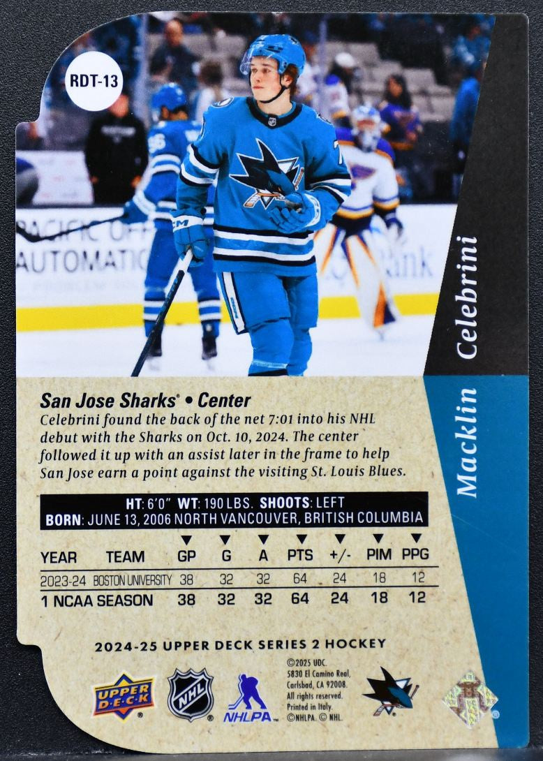 2024-25 UD Series 2 Rookies Die Cut Macklin Celebrini RDT-13 San Jose Sharks RC 7987