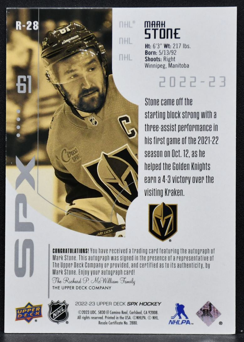2022-23 SPx 2002-03 Retro Lunar Waves Auto Mark Stone R-28 Vegas Auto