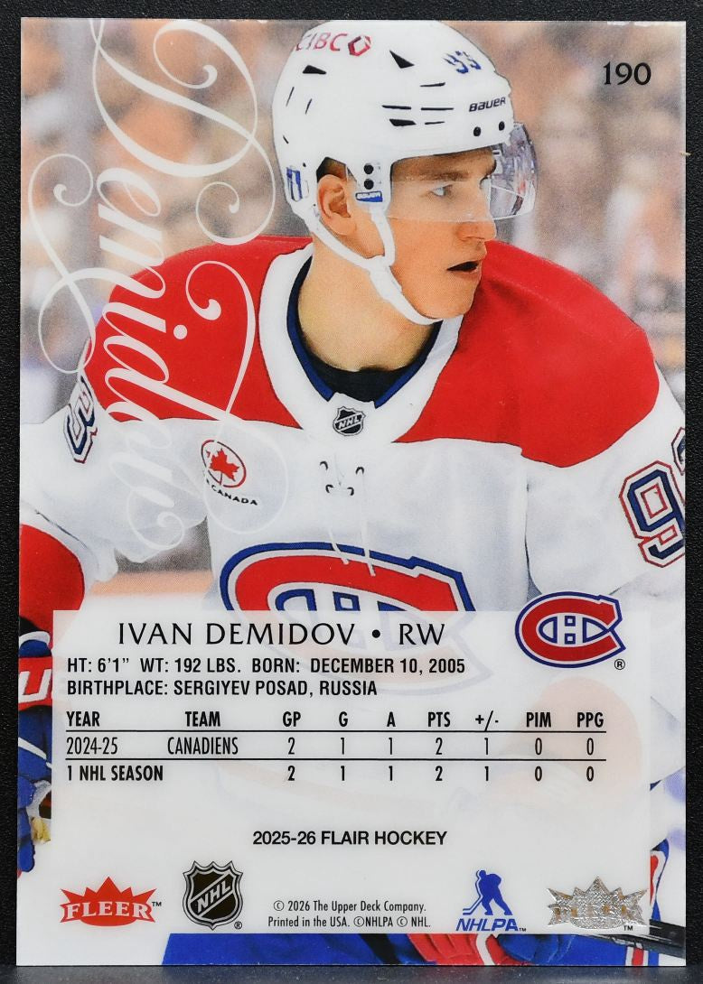 2025-26 Flair Rookie Ivan Demidov 190 Montreal Canadiens RC 0412