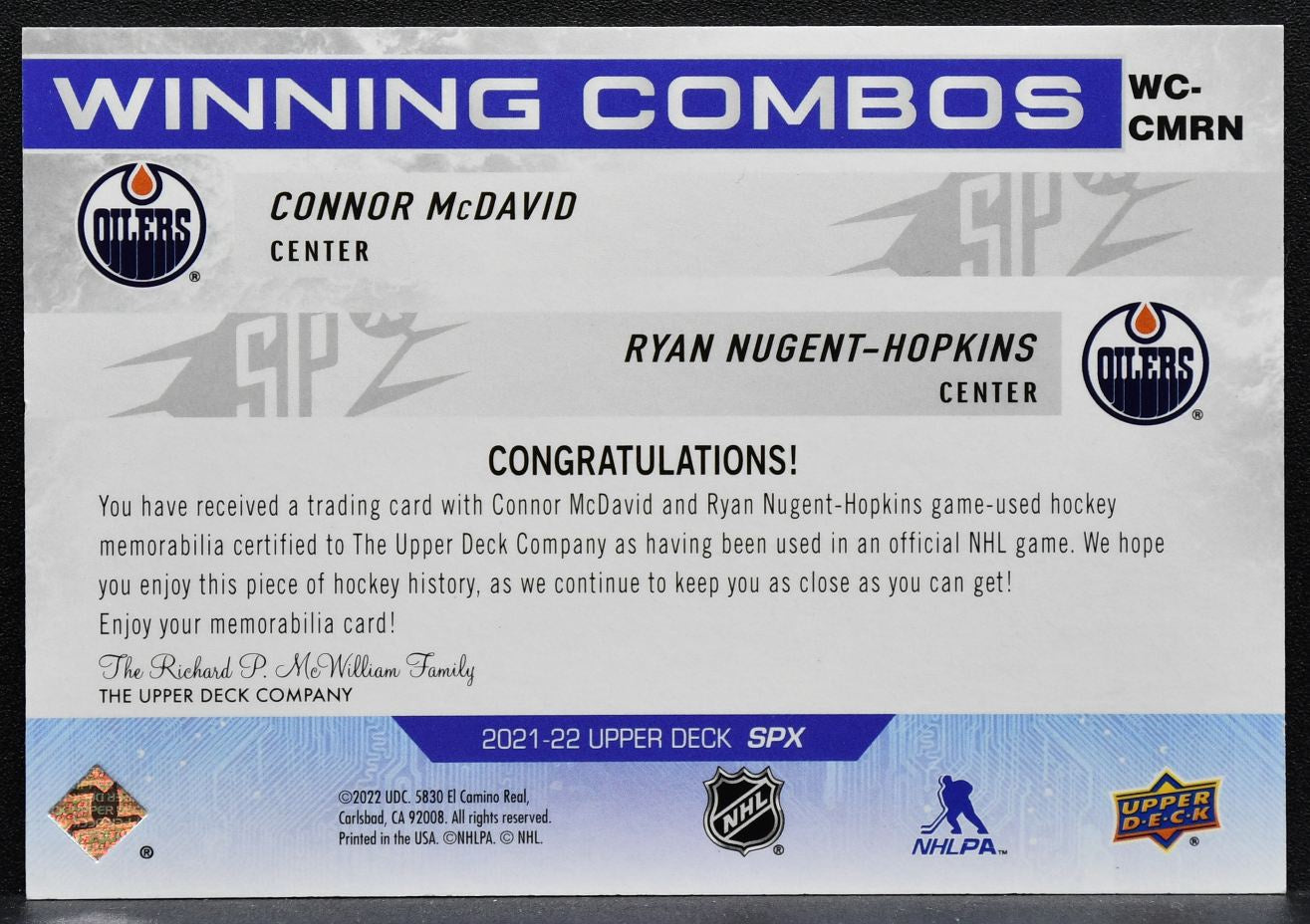 2021-22 SPx Winning Combos Connor McDavid/Ryan Nugent-Hopkins Oilers Jersey 3512