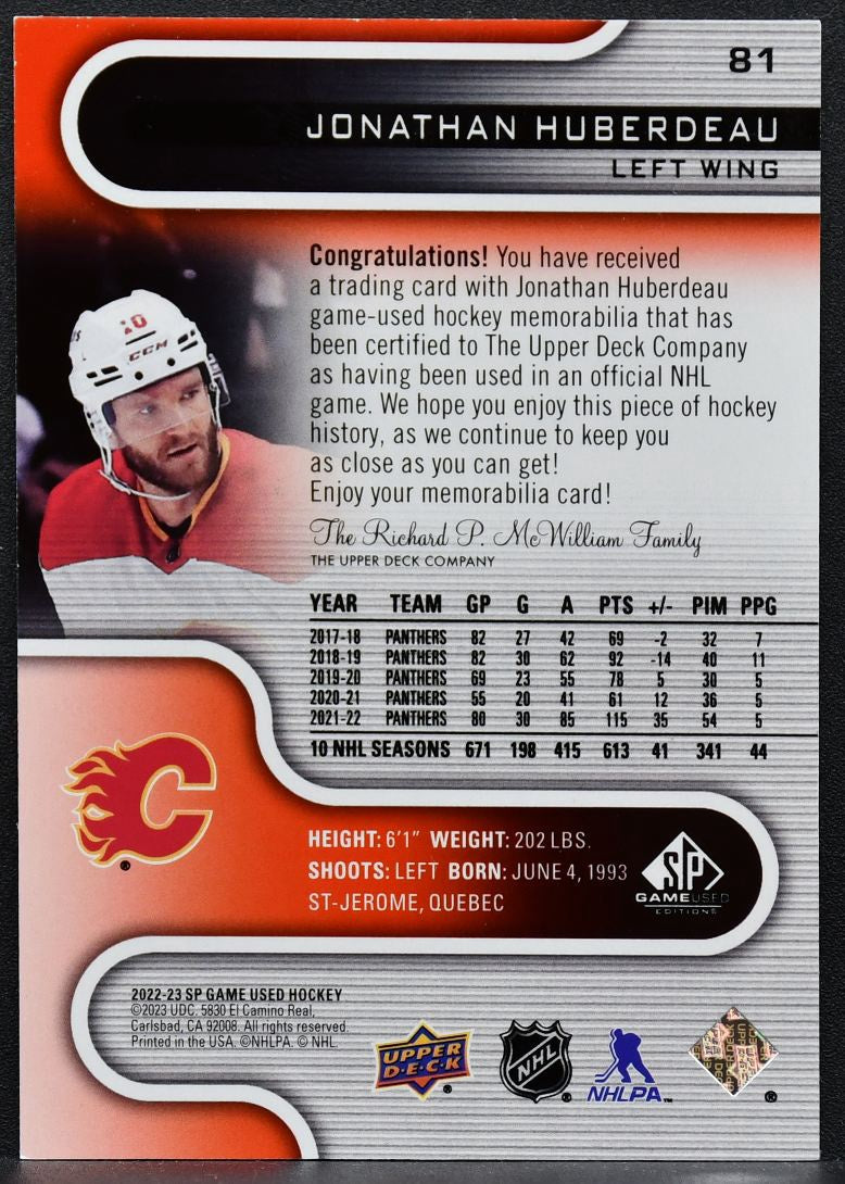 2022-23 SP Game Used Red Jersey Jonathan Huberdeau 81 Calgary Flames Jersey 7642