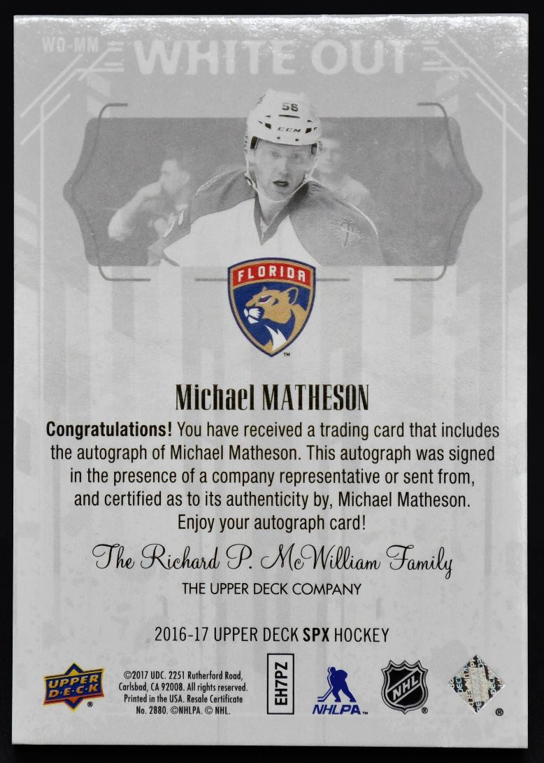 2016-17 SPx White Out Autographs Michael Matheson WO-MM Auto