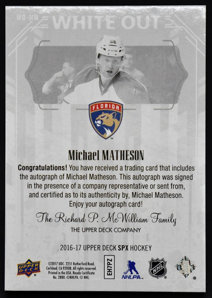 2016-17 SPx White Out Autographs Michael Matheson WO-MM Auto