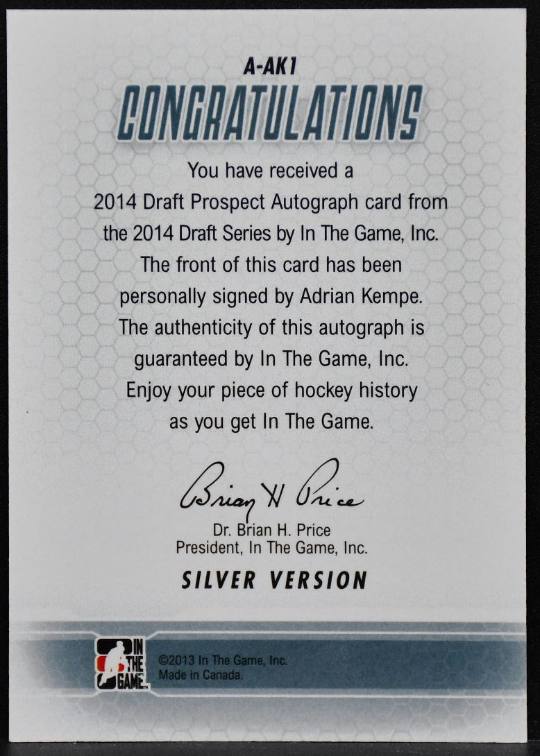 2013-14 In The Game Draft Prospects Autographs Adrian Kempe A-AK1 Sweden Auto