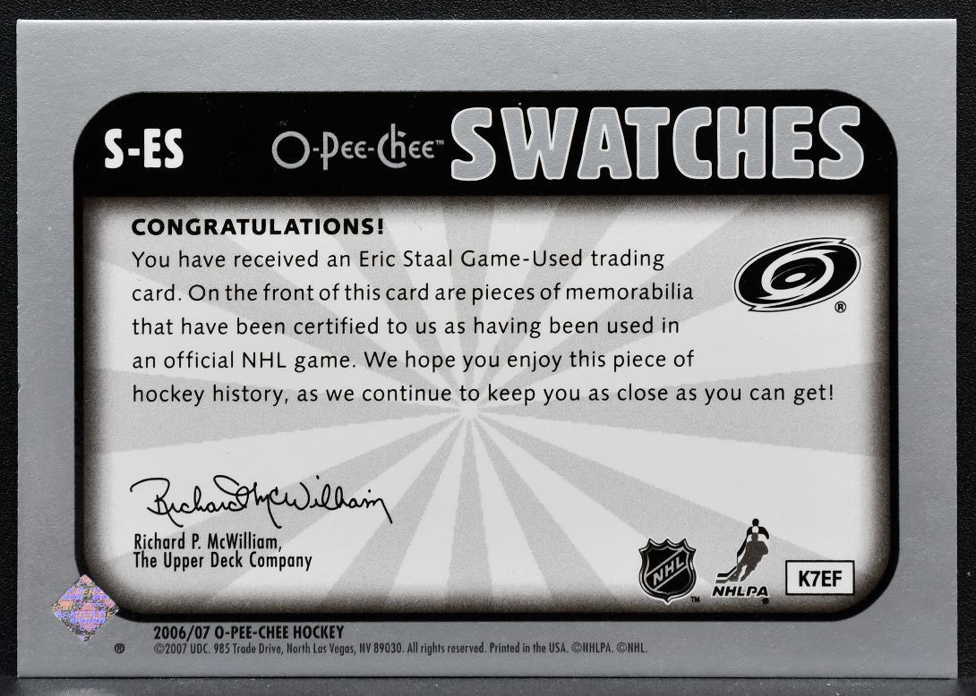 2006-07 O-Pee-Chee Swatches Eric Staal S-ES Carolina Hurricanes Jersey 3414