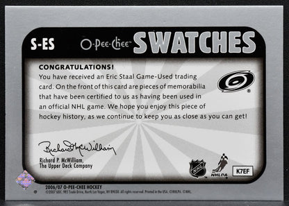 2006-07 O-Pee-Chee Swatches Eric Staal S-ES Carolina Hurricanes Jersey 3414