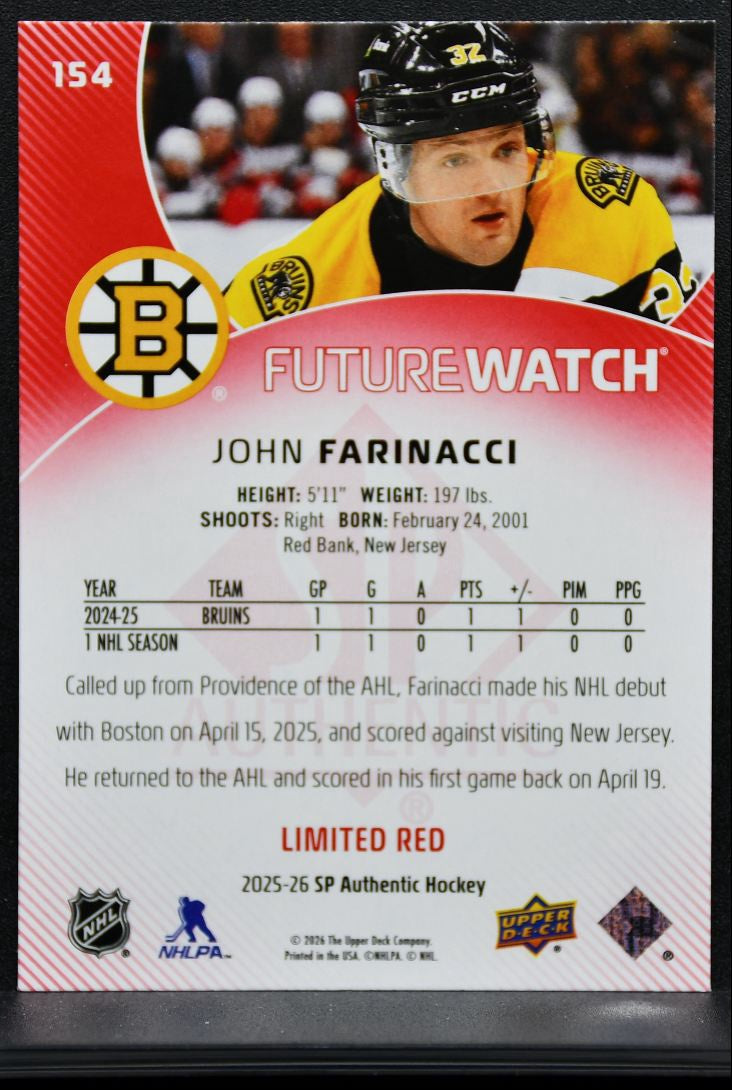 2025-26 SP Authentic Future Watch Limited Red John Farinacci 154 Bruins RC 9188