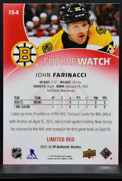 2025-26 SP Authentic Future Watch Limited Red John Farinacci 154 Bruins RC 9188