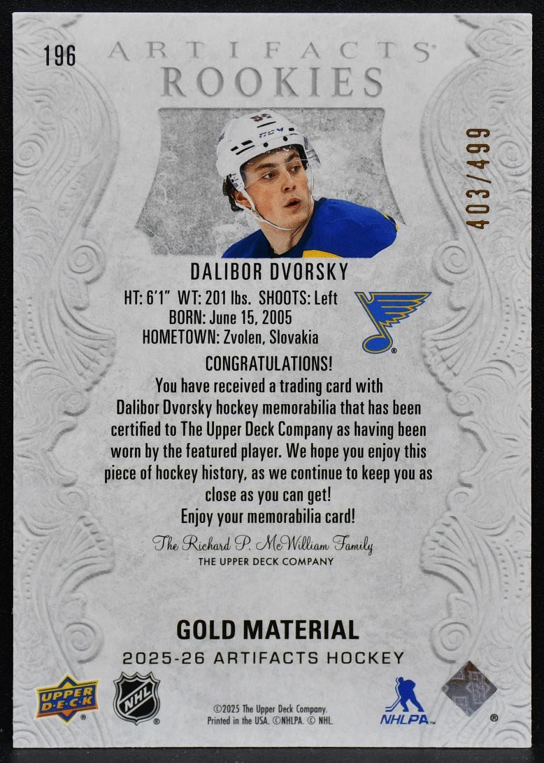 2025-26 UD Artifacts Gold Material Dvorsky 196 Blues RC 403/499 Jersey 3145