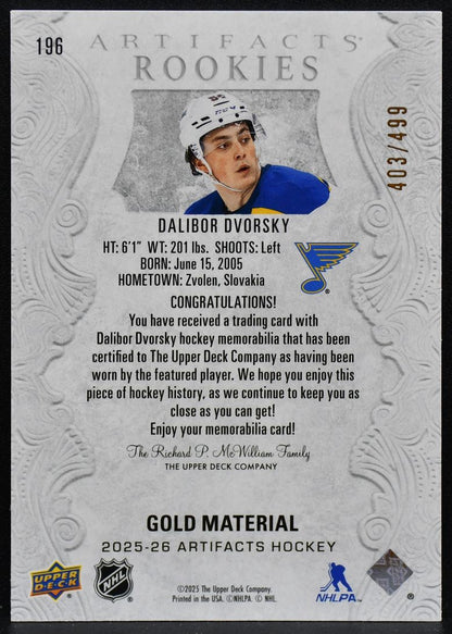 2025-26 UD Artifacts Gold Material Dvorsky 196 Blues RC 403/499 Jersey 3145