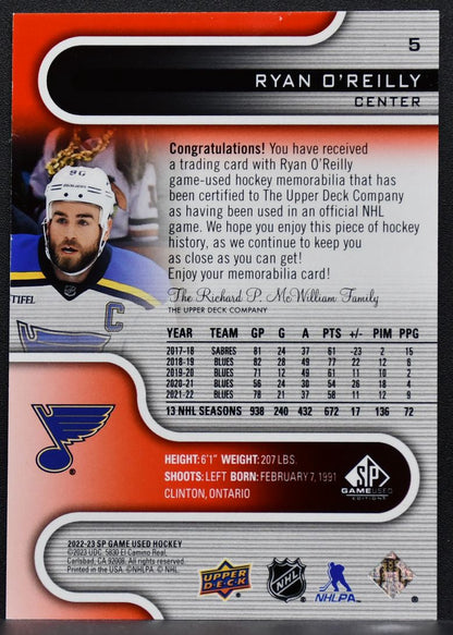 2022-23 SP Game Used Red Jersey Ryan O'Reilly 5 St. Louis Blues Jersey 7635