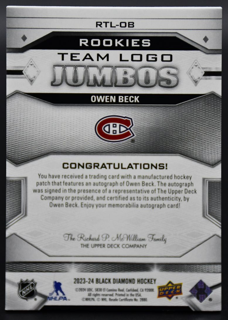 2023-24 UD Black Diamond Beck RTL-OB Montreal Canadiens RC Auto 93/99 Patch
