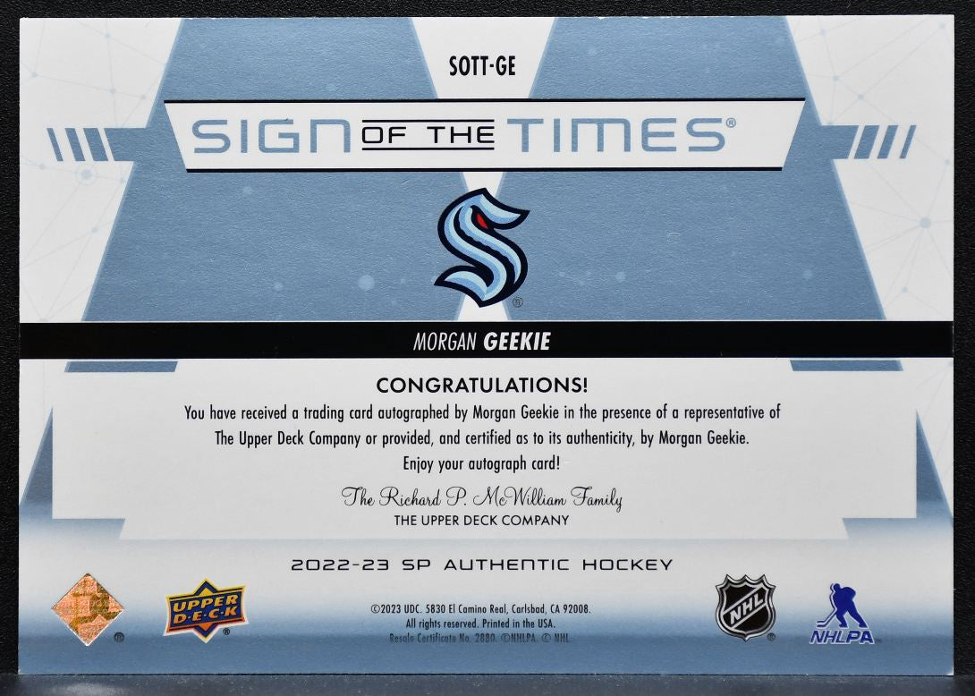 2022-23 SP Authentic Sign of the Times Morgan Geekie SOTT-GE Kraken Auto 0484