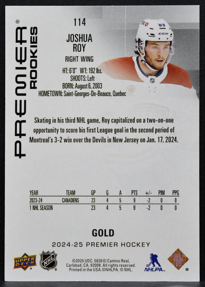 2024-25 Upper Deck Premier Rookies Gold Joshua Roy 114 Canadiens RC 158/199 6005