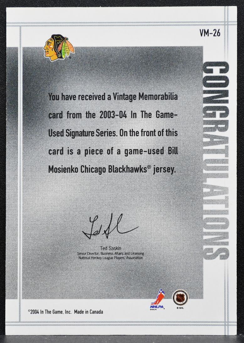 2003-04 In The Game Used Vintage Memorabilia Mosienko Blackhawks Jersey 9747